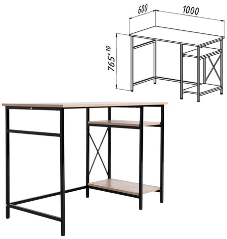 Стол BRABIX "SMART CD-018", 1100х600х765 мм, ЛОФТ, 2 полки, металл/ЛДСП ясень шимо светлый, каркас черный, 641945