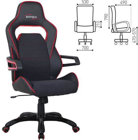Кресло компьютерное BRABIX "Nitro GM-001", ткань, экокожа, черное, вставки красные, 531816