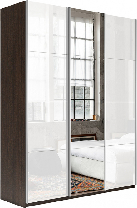 Шкаф-купе Прайм 3-х дверный (Стекло белое/Зеркало/Стекло белое) Венге