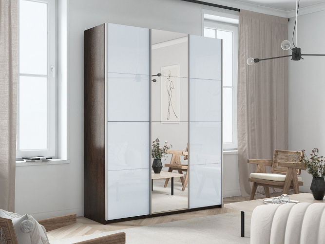 Шкаф-купе Прайм 3-х дверный (Стекло белое/Зеркало/Стекло белое) Венге