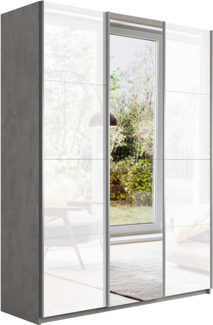 Шкаф-купе Прайм 3-х дверный (Стекло белое/Зеркало/Стекло белое) Бетон