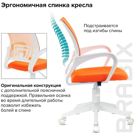 Кресло BRABIX "Fly MG-396W", с подлокотниками, пластик белый, сетка, оранжевое, 532401, MG-396W_532401