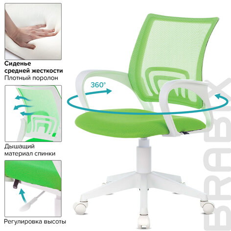 Кресло BRABIX "Fly MG-396W", с подлокотниками, пластик белый, сетка, салатовое, 532403, MG-396W_532403