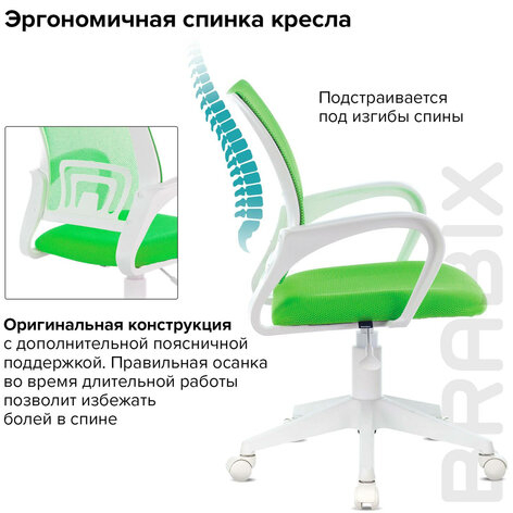 Кресло BRABIX "Fly MG-396W", с подлокотниками, пластик белый, сетка, салатовое, 532403, MG-396W_532403