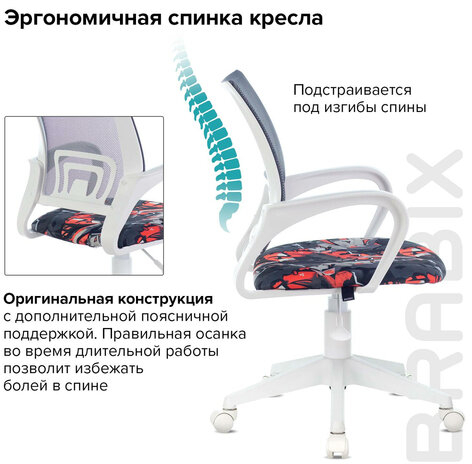 Кресло BRABIX "Fly MG-396W", с подлокотниками, пластик белый, сетка, серое с рисунком "Graffity", 532404, MG-396W_532404