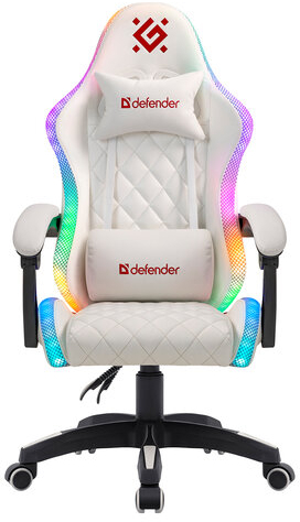 Кресло компьютерное DEFENDER Energy, 2 подушки, RGB подсветка, экокожа, белое, ш/к 24605, 64557