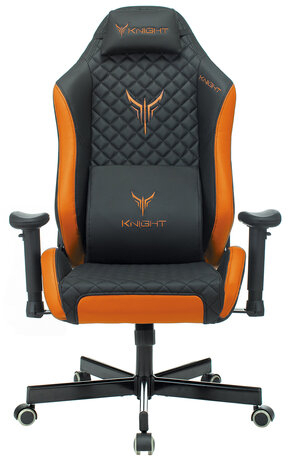 Кресло компьютерное Knight EXPLORE, 2 подушки, экокожа премиум, черное/оранжевое, 1628886