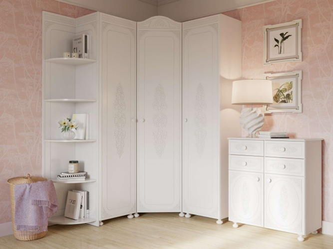 Шкаф угловой Ассоль АС-521К (левый c короной) белое дерево