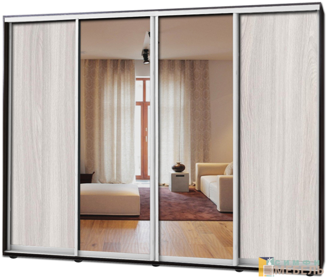 Шкаф купе 4х дв Комби 1 Ясень шимо светлый|Зеркало