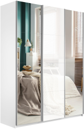Шкаф-купе Прайм 3-х дверный (Зеркало/Стекло белое/Зеркало) Белый снег