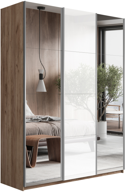 Шкаф-купе Прайм 3-х дверный (Зеркало/Стекло белое/Зеркало) Крафт табачный