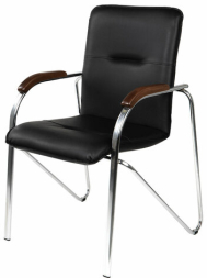 Кресло для приемных и переговорных "Samba", деревянные накладки, хромированный каркас, кожзам черный