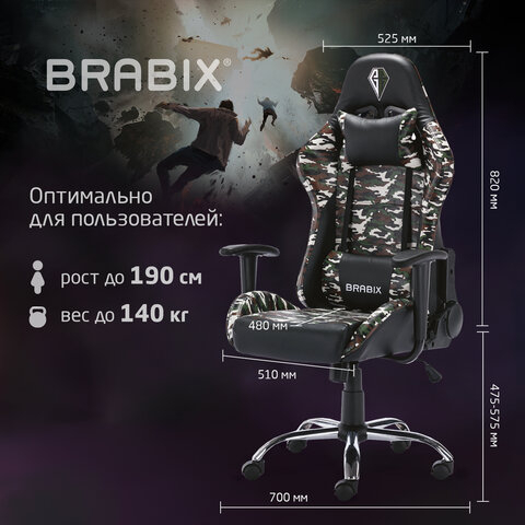 Кресло компьютерное BRABIX "Military GM-140", две подушки, экокожа, черное с рисунком милитари, 532802