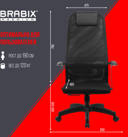 Кресло офисное BRABIX PREMIUM "Ultimate EX-801" пластик, плотная двойная сетка Х2, черное, 532922