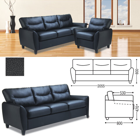 Диван мягкий трехместный "Наполи", 800х2055х800 мм, c подлокотниками, экокожа, черный