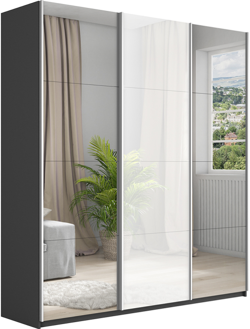 Шкаф-купе Прайм 3-х дверный (Зеркало/Стекло белое/Зеркало) Серый диамант