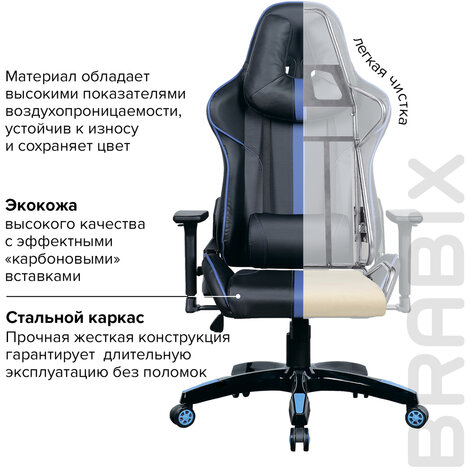 Кресло компьютерное BRABIX "GT Carbon GM-120", две подушки, экокожа, черное/синее, 531930