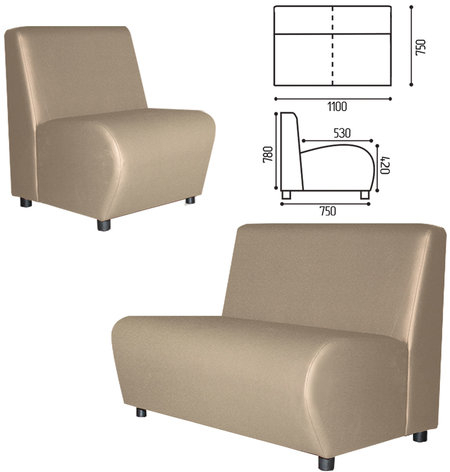 Диван мягкий двухместный "Клауд", "V-600", 1100х750х780 мм, без подлокотников, экокожа, бежевый