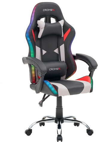 Кресло компьютерное CROMEX "Quantum GM-155 RGB", подсветка, две подушки, экокожа, черное/красное/серое, 532955