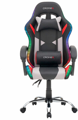 Кресло компьютерное CROMEX "Quantum GM-155 RGB", подсветка, две подушки, экокожа, черное/красное/серое, 532955
