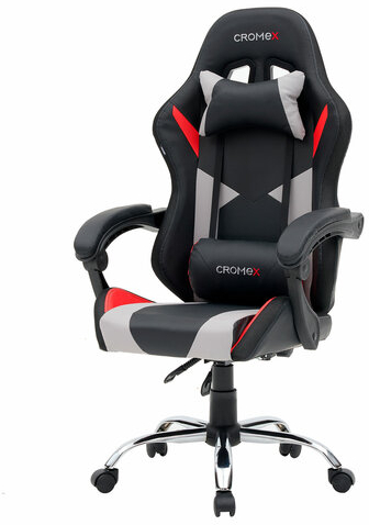 Кресло компьютерное CROMEX "Quantum GM-155 RGB", подсветка, две подушки, экокожа, черное/красное/серое, 532955