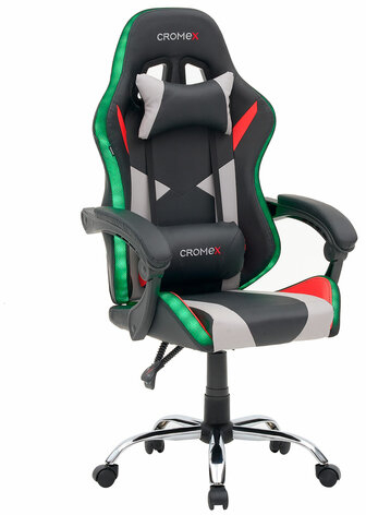 Кресло компьютерное CROMEX "Quantum GM-155 RGB", подсветка, две подушки, экокожа, черное/красное/серое, 532955