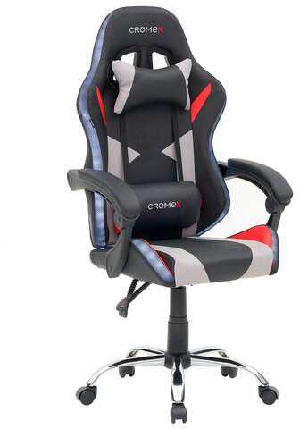 Кресло компьютерное CROMEX "Quantum GM-155 RGB", подсветка, две подушки, экокожа, черное/красное/серое, 532955