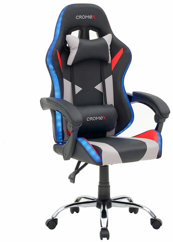 Кресло компьютерное CROMEX "Quantum GM-155 RGB", подсветка, две подушки, экокожа, черное/красное/серое, 532955