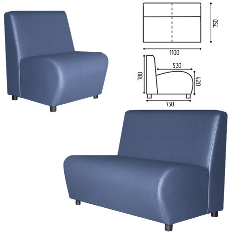 Диван мягкий двухместный "Клауд", V-600, 1100х750х780 мм, без подлокотников, экокожа, голубой