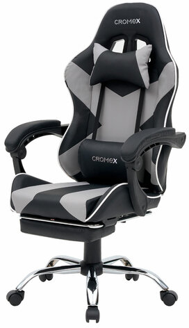 Кресло компьютерное CROMEX "Wave GM-145", вибромассаж, подножка, подушки, экокожа, черное/серое, 532956