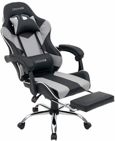 Кресло компьютерное CROMEX "Wave GM-145", вибромассаж, подножка, подушки, экокожа, черное/серое, 532956