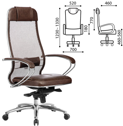 Кресло офисное МЕТТА "SAMURAI" SL-1.04, сверхпрочная ткань-сетка/рециклированная кожа, темно-коричневое