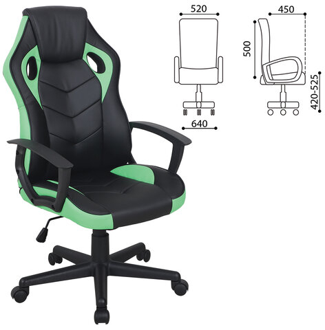 Кресло компьютерное BRABIX "Fighter GM-008", экокожа, черное/зеленое, 532508