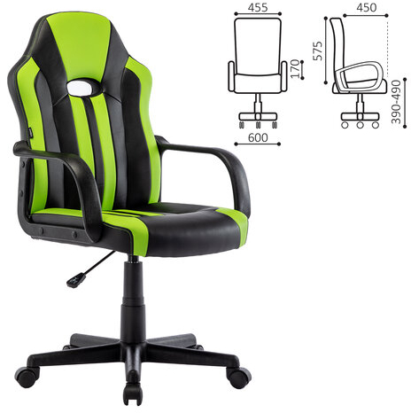 Кресло компьютерное BRABIX "Stripe GM-202", экокожа, черное/зеленое, 532511