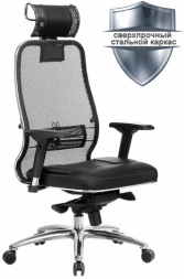 Кресло офисное МЕТТА "SAMURAI" SL-3.04, с подголовником, сверхпрочная ткань-сетка/рециклированная кожа, черное