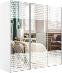 Шкаф-купе Эста 3-х дверный Комби (Зеркало, Стекло Барокко) Белый снег