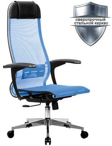 Кресло офисное МЕТТА "К-4-Т" хром, прочная сетка, сиденье и спинка регулируемые, голубое