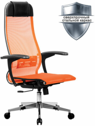 Кресло офисное МЕТТА "К-4-Т" хром, прочная сетка, сиденье и спинка регулируемые, оранжевое