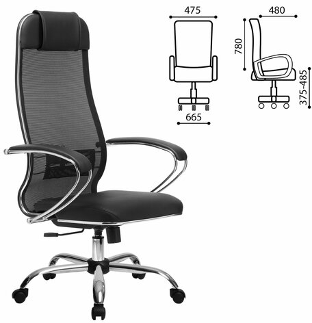 Кресло офисное МЕТТА "К-5.1" хром, ткань-сетка/кожа, сиденье мягкое, черное