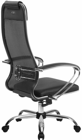 Кресло офисное МЕТТА "К-5.1" хром, ткань-сетка/кожа, сиденье мягкое, черное