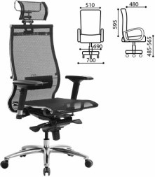 Кресло офисное МЕТТА "SAMURAI" S-3.05, с подголовником, сверхпрочная ткань-сетка, черное