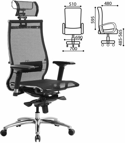 Кресло офисное МЕТТА "SAMURAI" S-3.05, с подголовником, сверхпрочная ткань-сетка, черное