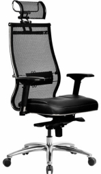 Кресло офисное МЕТТА "SAMURAI" SL-3.05, с подголовником, сверхпрочная ткань-сетка/экокожа, черное