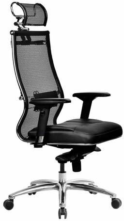 Кресло офисное МЕТТА "SAMURAI" SL-3.05, с подголовником, сверхпрочная ткань-сетка/экокожа, черное