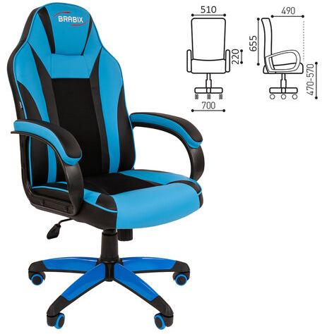 Кресло компьютерное BRABIX "Tanto GM-171", TW/экокожа, черное/голубое, 532575, 7083503