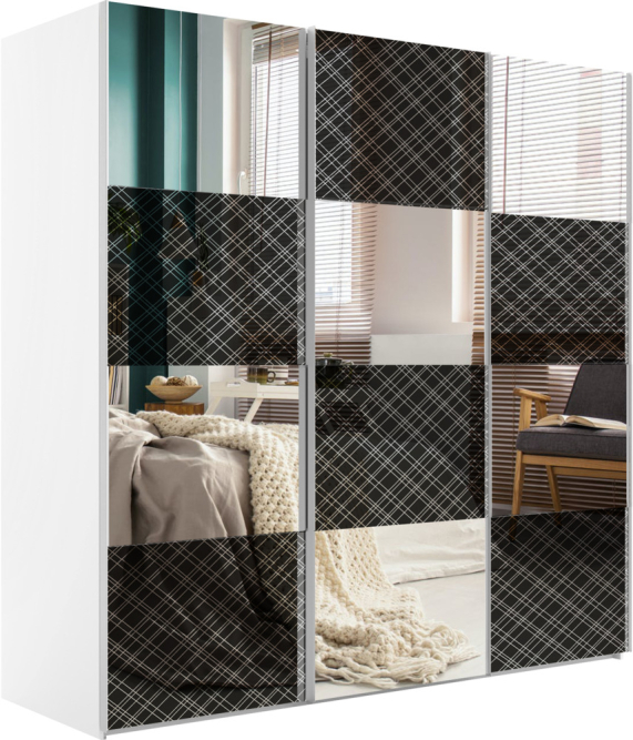 Шкаф-купе Эста 3-х дверный (Стекло Диско черный, Зеркало) Белый снег