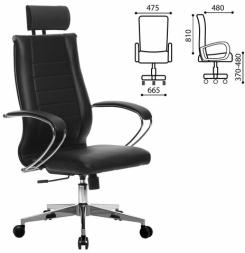 Кресло офисное МЕТТА "К-32" хром, рецик. кожа, подголовник, сиденье и спинка мягкие, черное