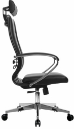 Кресло офисное МЕТТА "К-32" хром, рецик. кожа, подголовник, сиденье и спинка мягкие, черное