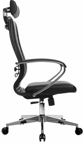 Кресло офисное МЕТТА "К-32" хром, рецик. кожа, подголовник, сиденье и спинка мягкие, черное