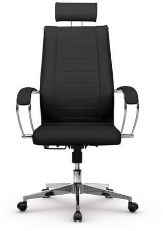 Кресло офисное МЕТТА "К-32" хром, рецик. кожа, подголовник, сиденье и спинка мягкие, черное